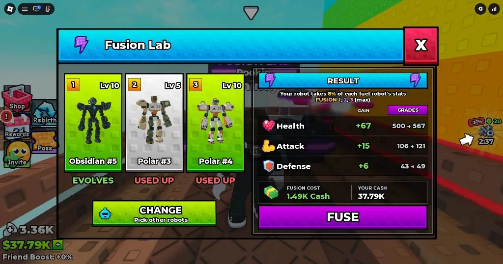 Fusion Lab: one robot evolves while two fuel robots are used up for Cash