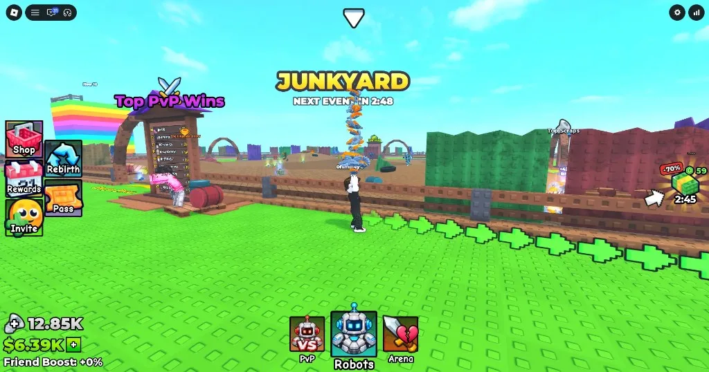 Junkyard hub with Next Event timer, Top PvP Wins board, and Scrap Cash HUD