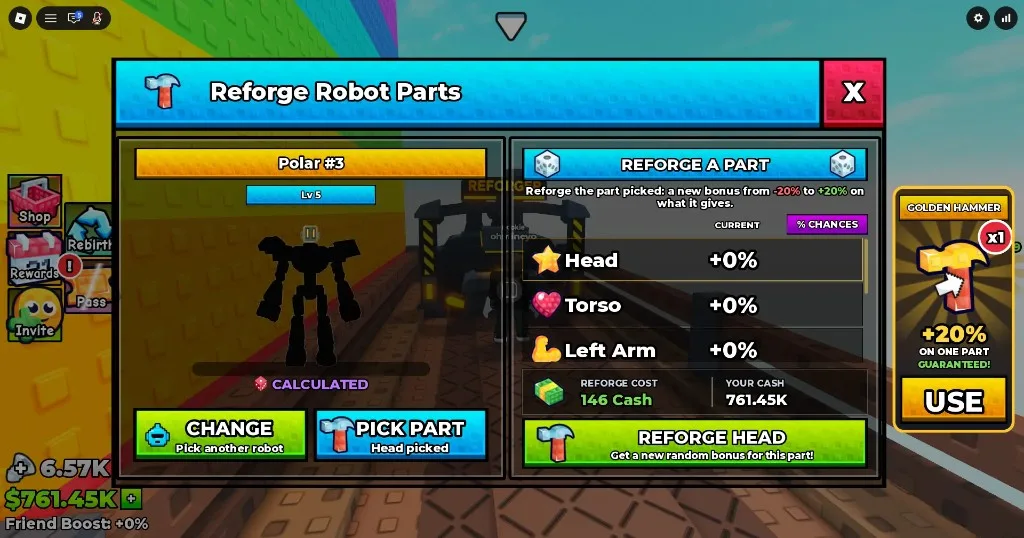 Reforge Robot Parts menu rerolling a Head bonus for Cash