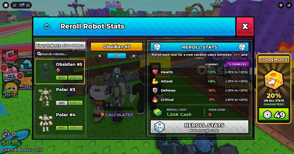 Reroll Robot Stats panel with Health Attack Defense Critical rolls from -20% to +20%