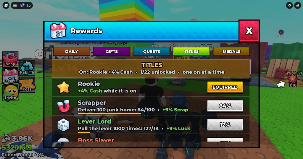 Rewards Titles tab: Rookie equipped +4% Cash, one on at a time, 22 titles