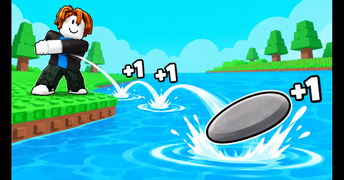+1 Stone Skipping on Roblox: train Skill, throw across the river, and earn Wins
