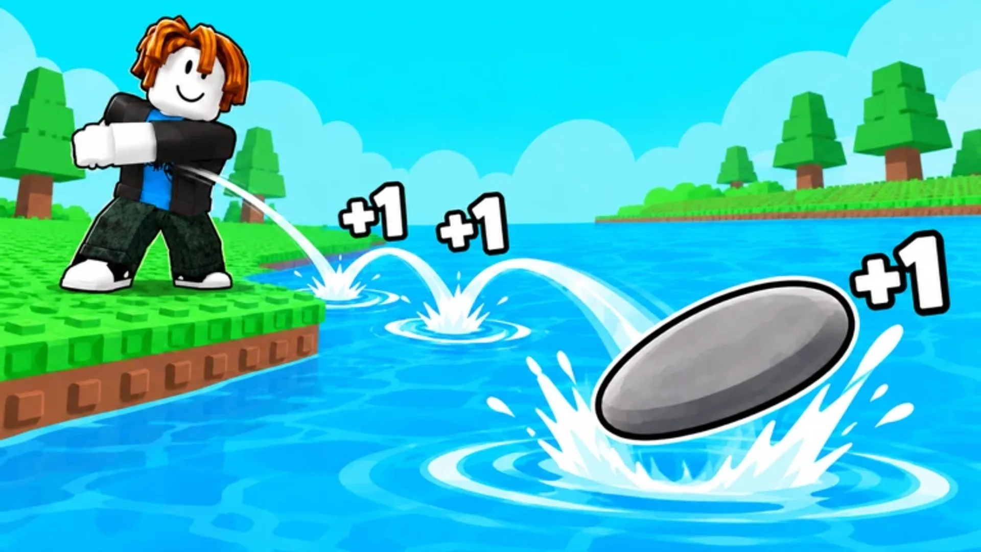 +1 Stone Skipping on Roblox: train Skill, throw across the river, and earn Wins