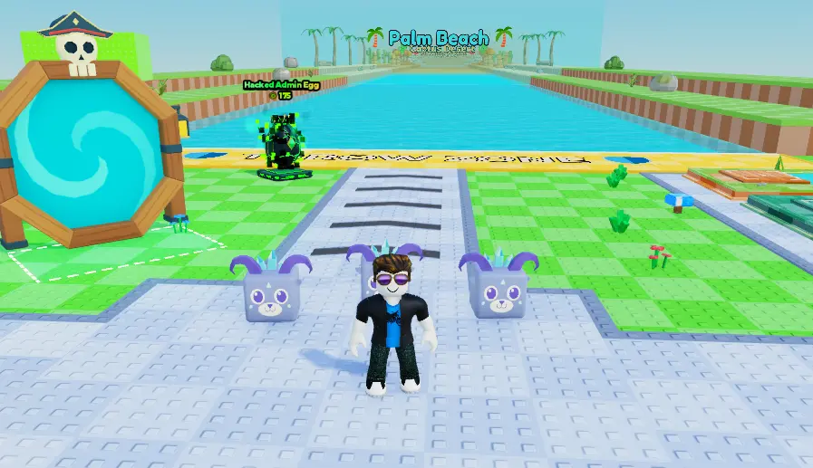 +1 Stone Skipping pets: Palm Beach hub with Hacked Admin Egg pedestal and Pirate World portal