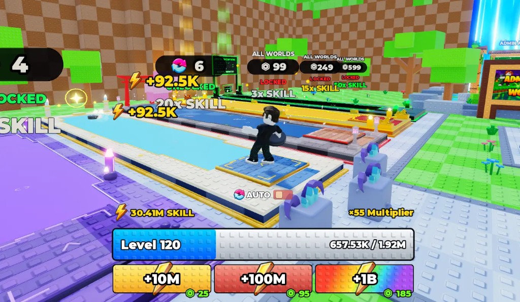 +1 Stone Skipping progression: Skill pads, AUTO toggle, multipliers, and Admin World beam