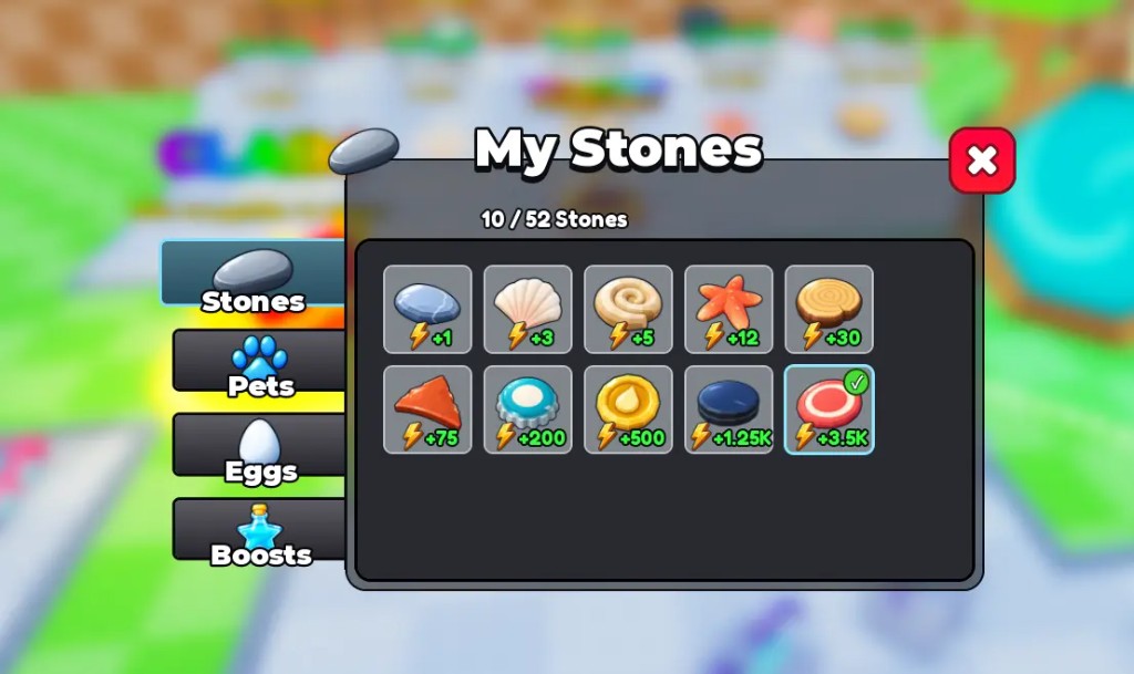 +1 Stone Skipping My Stones inventory: Basic Stone through red disc Frisbee with Skill values