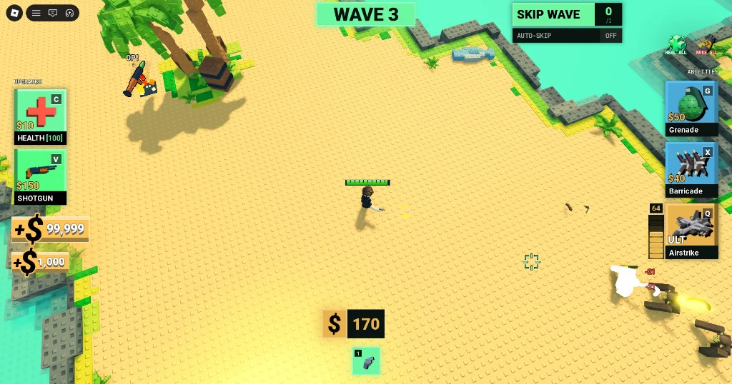 Survive a Million Monkeys beginner: Wave 3 island run with Cash HUD, V and C upgrades, and G X Q abilities