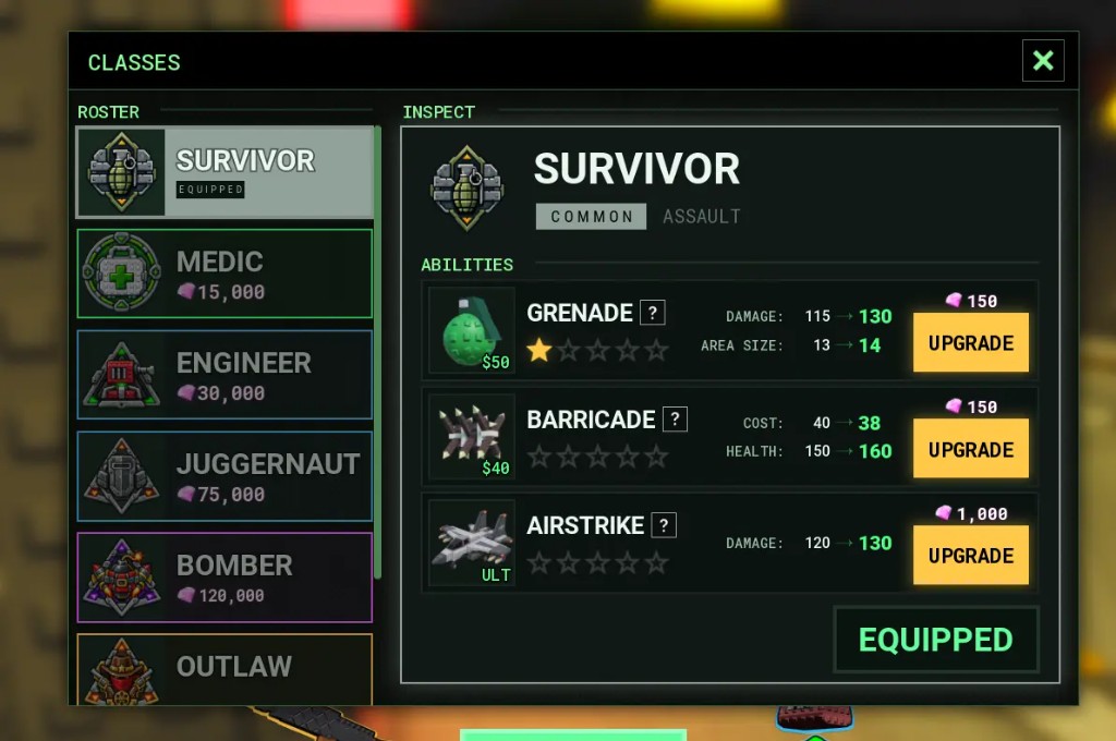 Survive a Million Monkeys classes: Survivor Grenade, Barricade, and Airstrike upgrade panel