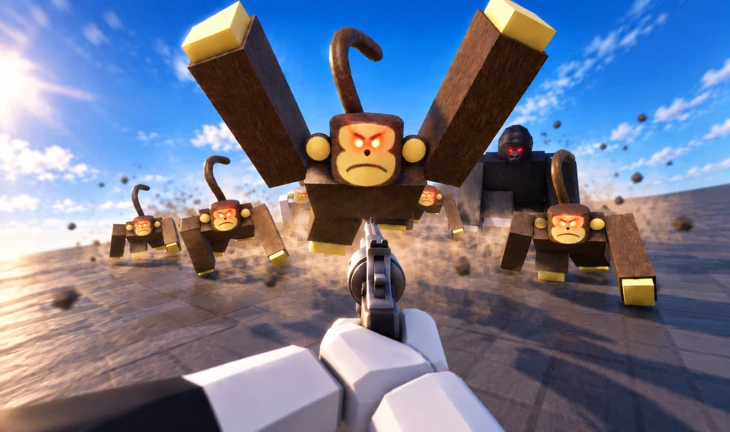 Survive a Million Monkeys cover: first-person revolver against a charging monkey horde
