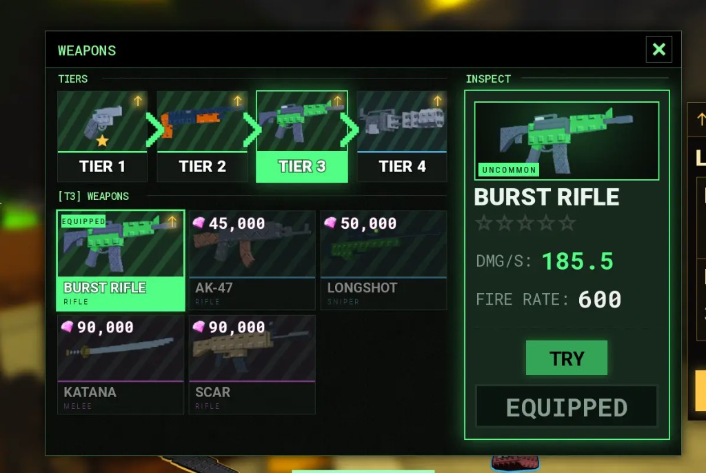 Survive a Million Monkeys weapons: Tier 3 shop with Burst Rifle equipped at 185.5 DPS