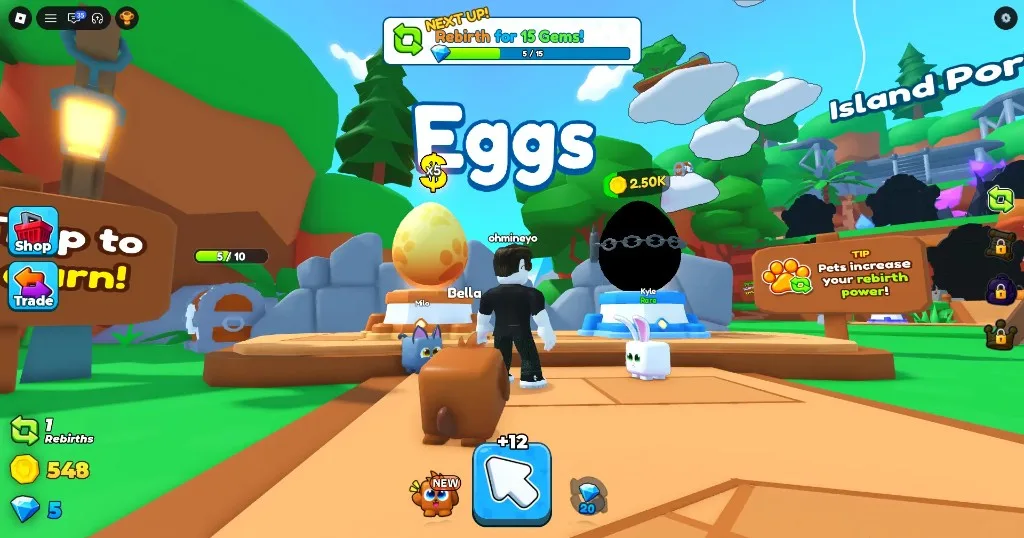 Tap Simulator Reborn Eggs stand with Basic and Spotted stands, Coins, Gems, and quest bar