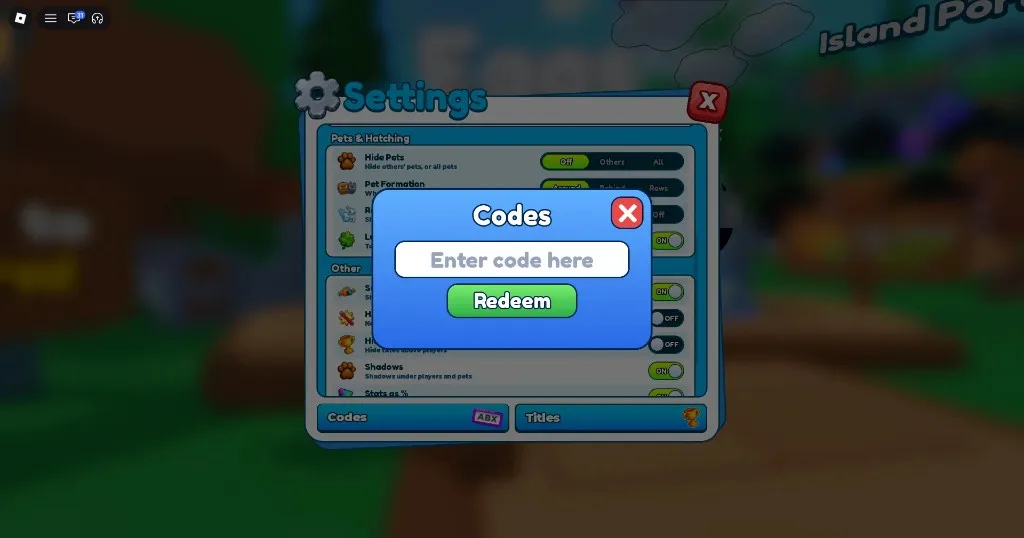 Tap Simulator Reborn Settings Codes tab with Enter code here and Redeem