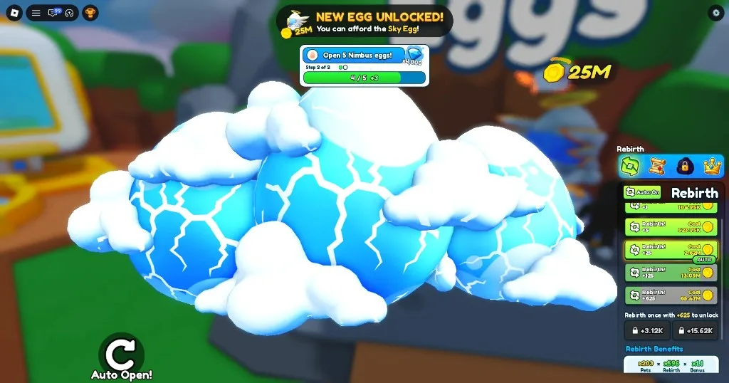 Tap Simulator Reborn Nimbus Eggs with Rebirth panel and Sky Egg unlock banner
