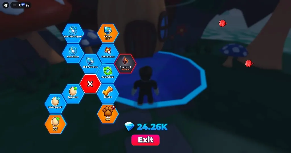 Tap Simulator Reborn Gem Upgrades hex menu with Auto Clicker, Click Anywhere, and Egg Luck