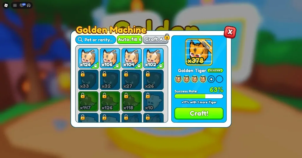 Tap Simulator Reborn Golden Machine crafting six pets into a Golden with success rate