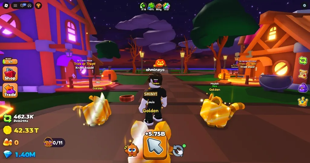 Tap Simulator Reborn Halloween island with Trick or Treat houses, Candy Corn, and Golden pets