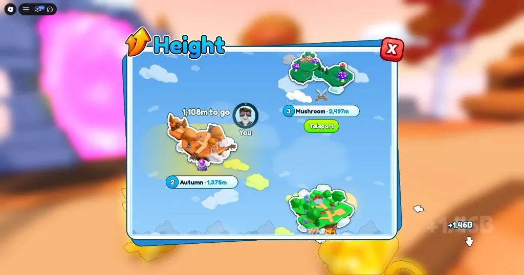 Tap Simulator Reborn Height menu: Autumn 1,375 m and Mushroom 2,497 m
