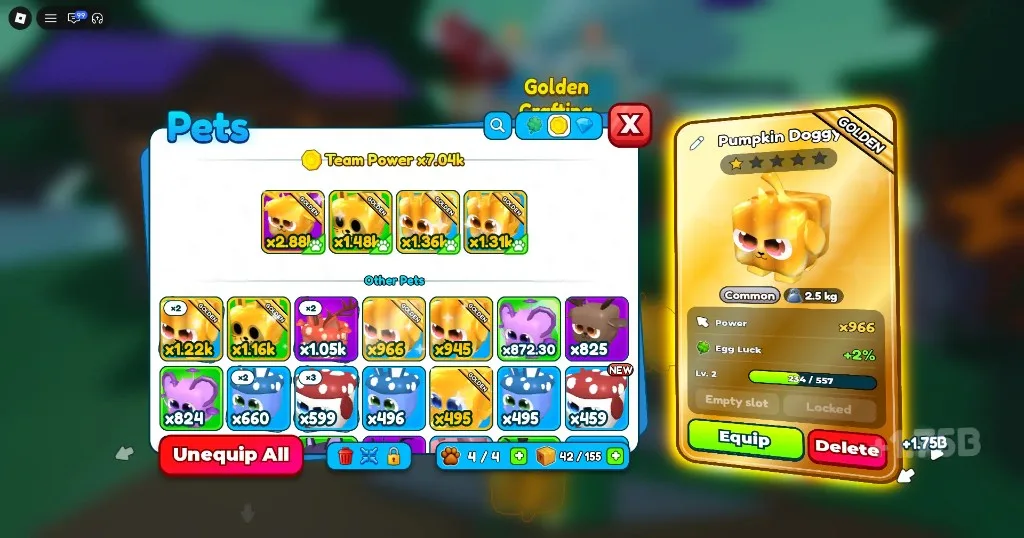 Tap Simulator Reborn Pets menu showing Team Power and Golden Pumpkin Doggy card