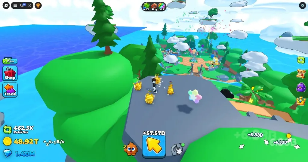 Tap Simulator Reborn Shiny Star on a cliff with Golden pets, Coins, Gems, and height