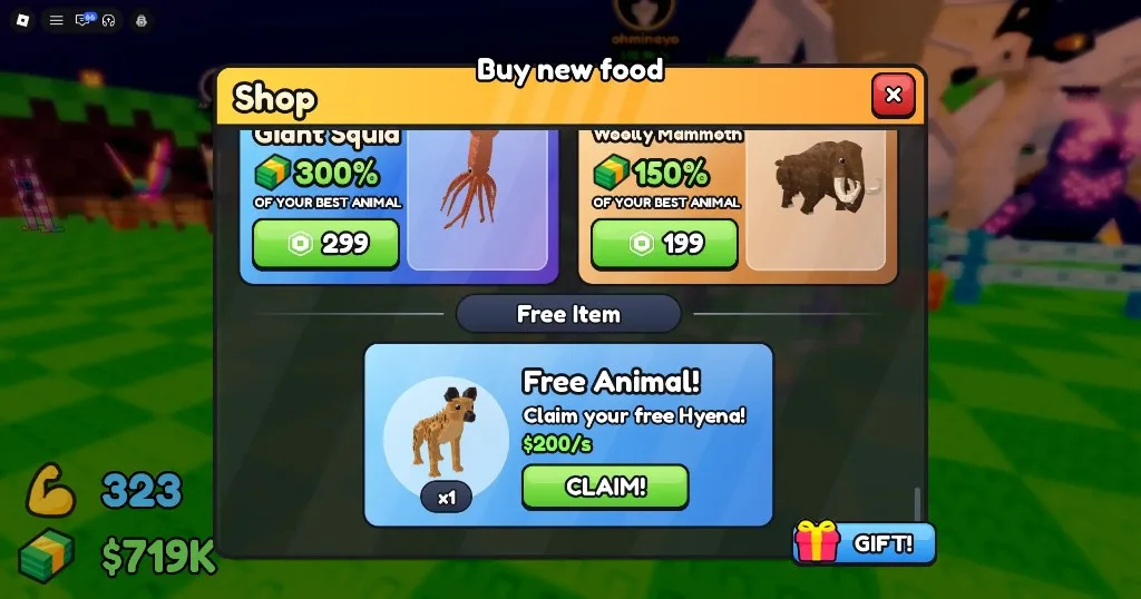 Shop free Hyena claim panel in Throw Food For Animals