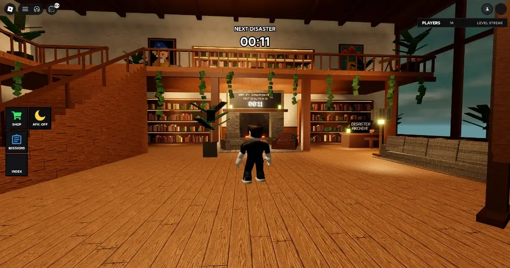 Lobby lounge with Disaster Archive, NEXT DISASTER countdown, and the left sidebar.