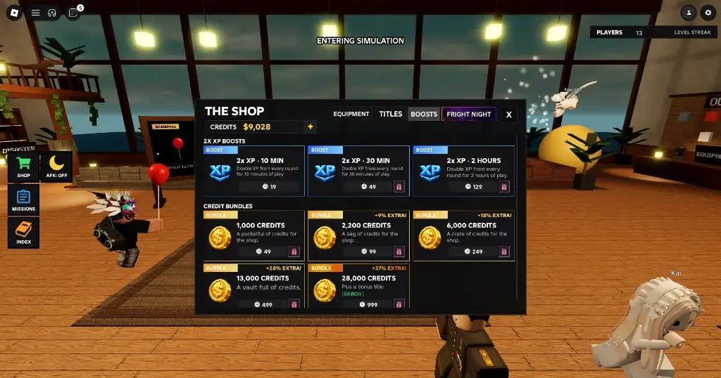 THE SHOP Boosts tab with 2x XP packs and Credit bundles.