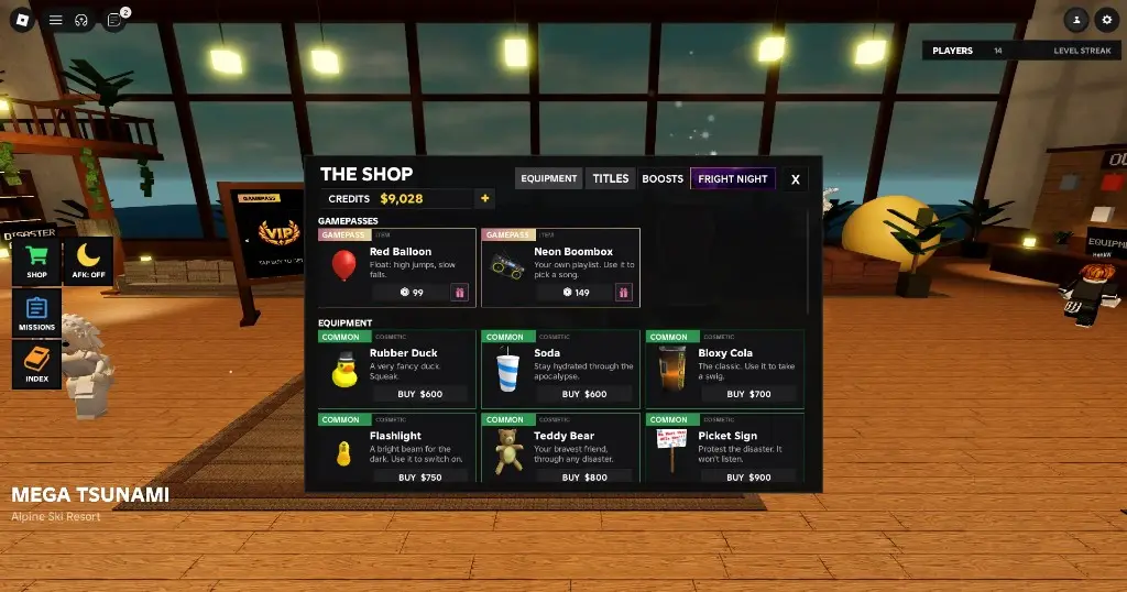 THE SHOP Equipment tab with Credit cosmetics, items, and Game Pass rows.