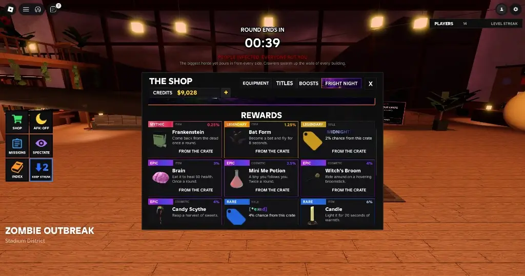 THE SHOP Fright Night tab with Witching Hour crate rewards and drop rates.
