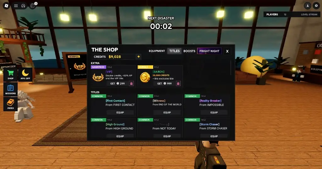 THE SHOP Titles tab with VIP, Baron, and achievement unlocks.